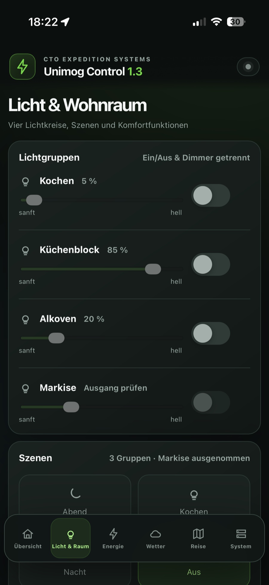 Bereich Licht und Wohnraum mit vier Lichtgruppen und Szenen