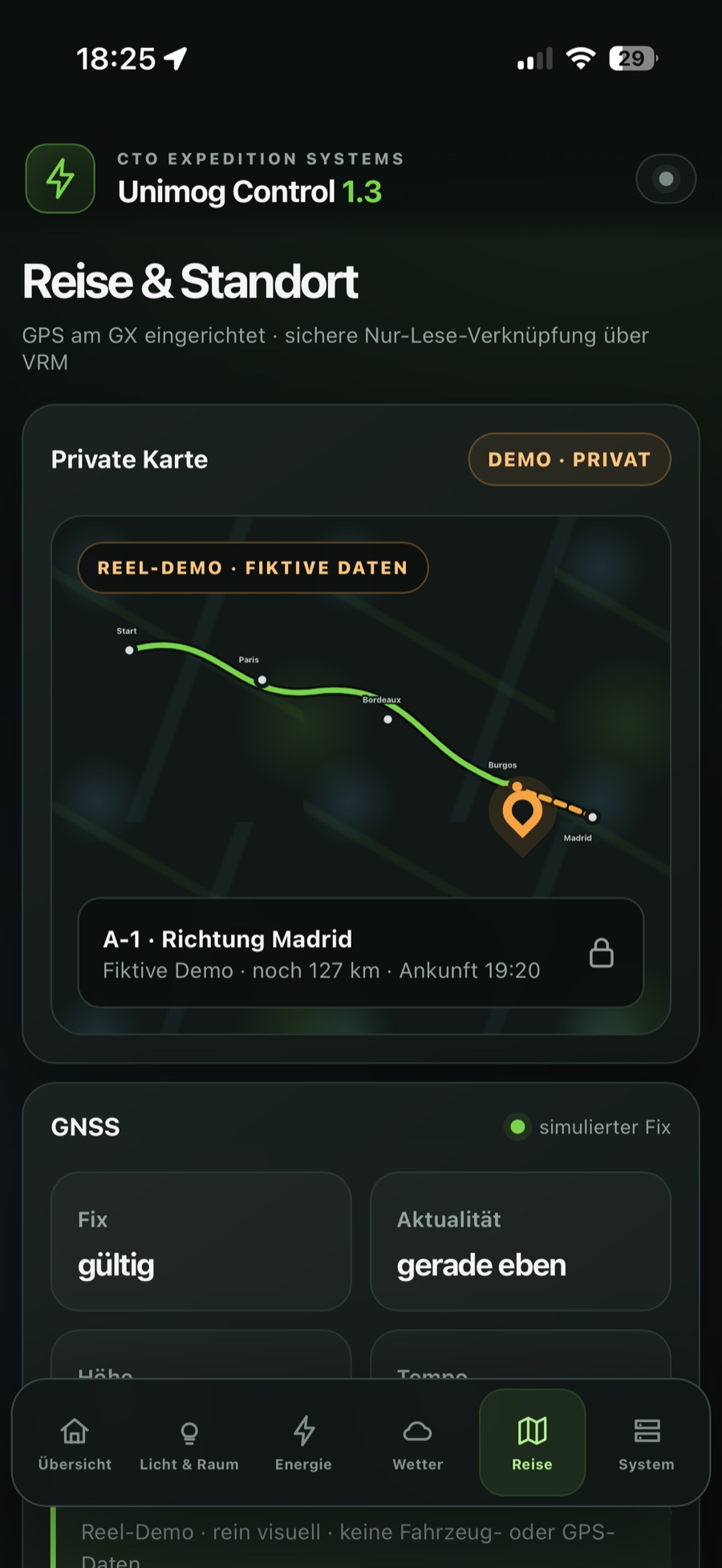 Private Reiseansicht mit Route, GNSS-Status und Standortfreigabe