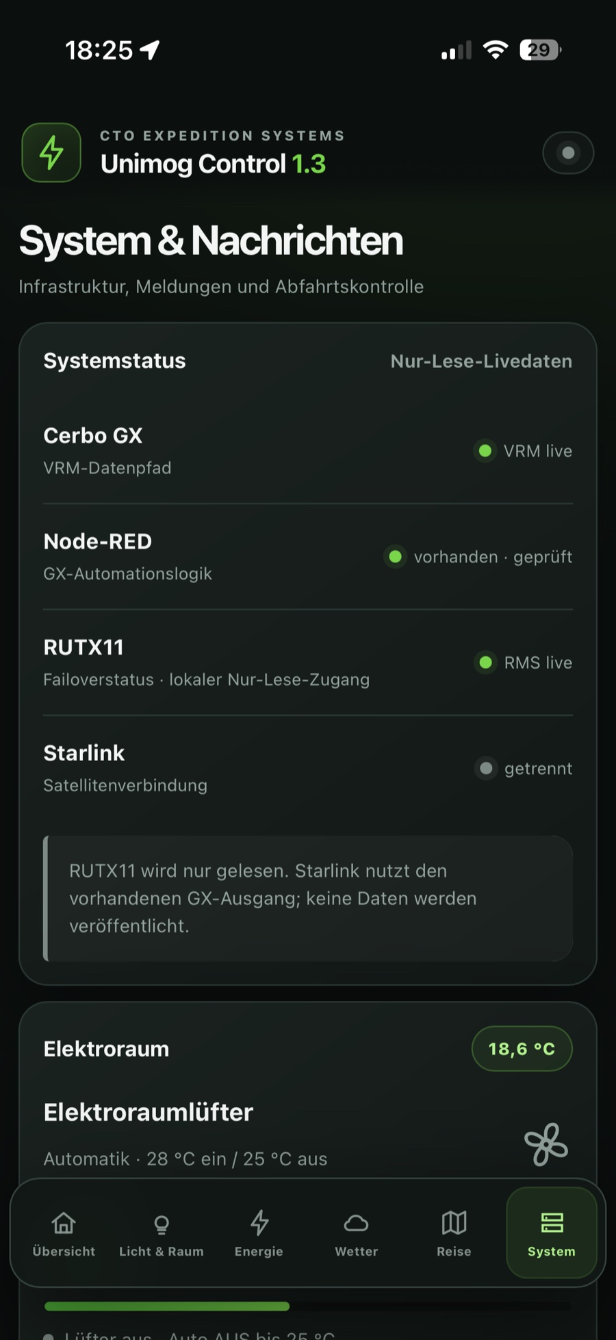 Systembereich mit Cerbo GX, Node-RED, RUTX11, Starlink und Elektroraumlüfter