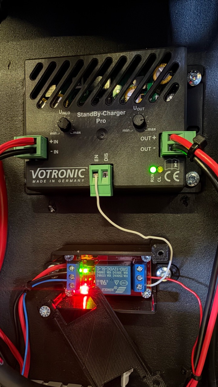 VOTRONIC StandBy-Charger Pro instalado con relé de control en el compartimento técnico del Unimog