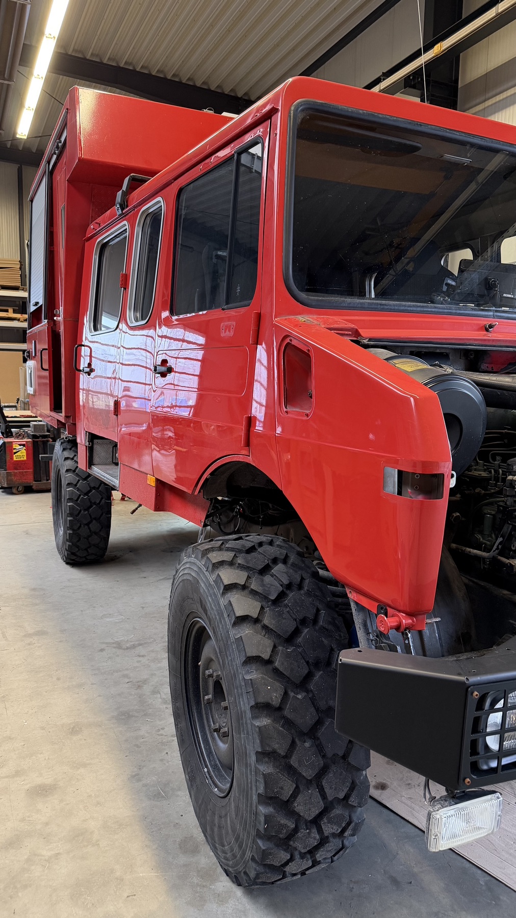 The red Unimog in the workshop